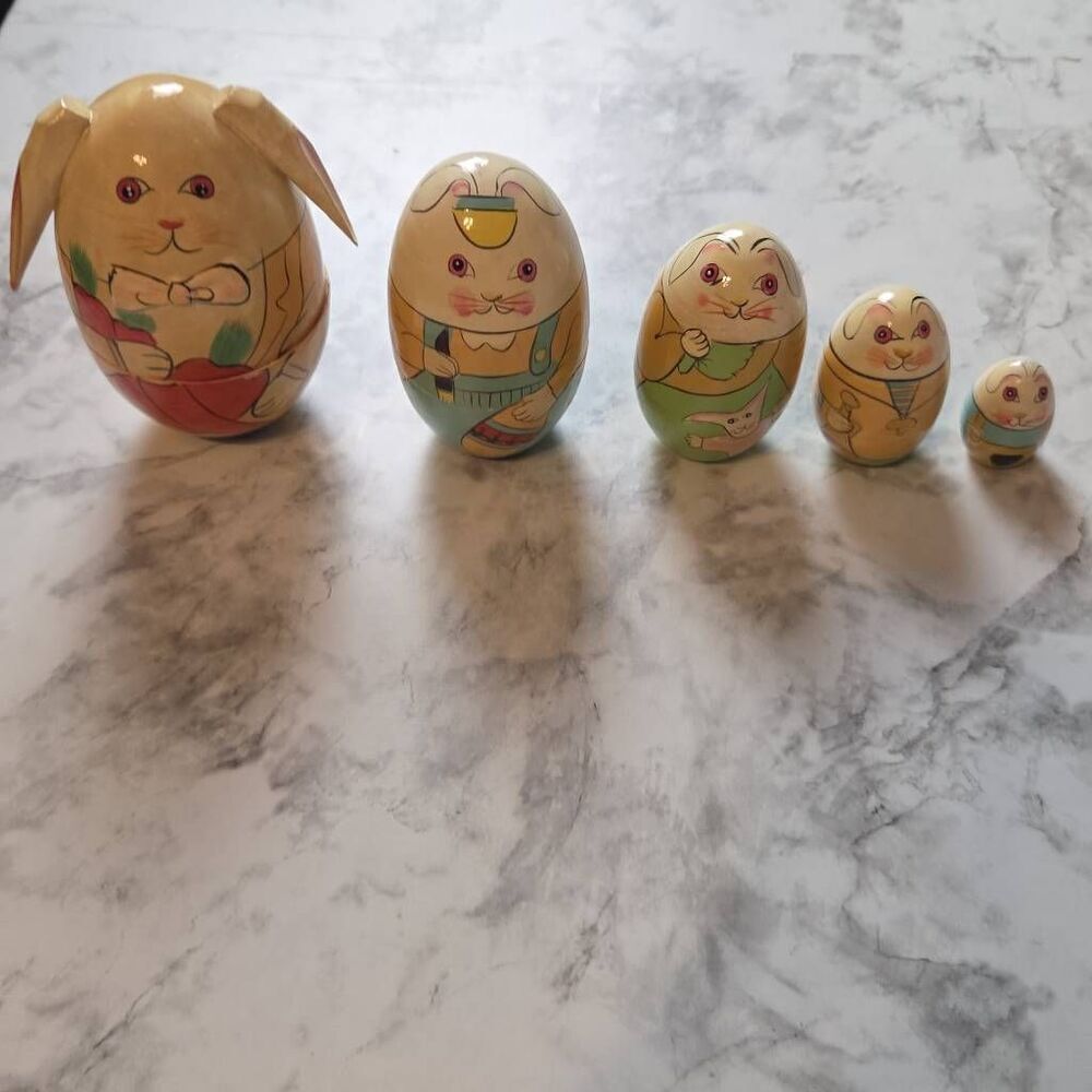 Easter Bundle Russian Matryoshka Bunny Rabbit With Ears 5" Nesting Dolls 5 Dolls